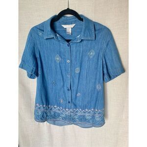 Vintage Napa Valley Blues Embroidered Denim Button-Up Blouse Women M 100% Cotton